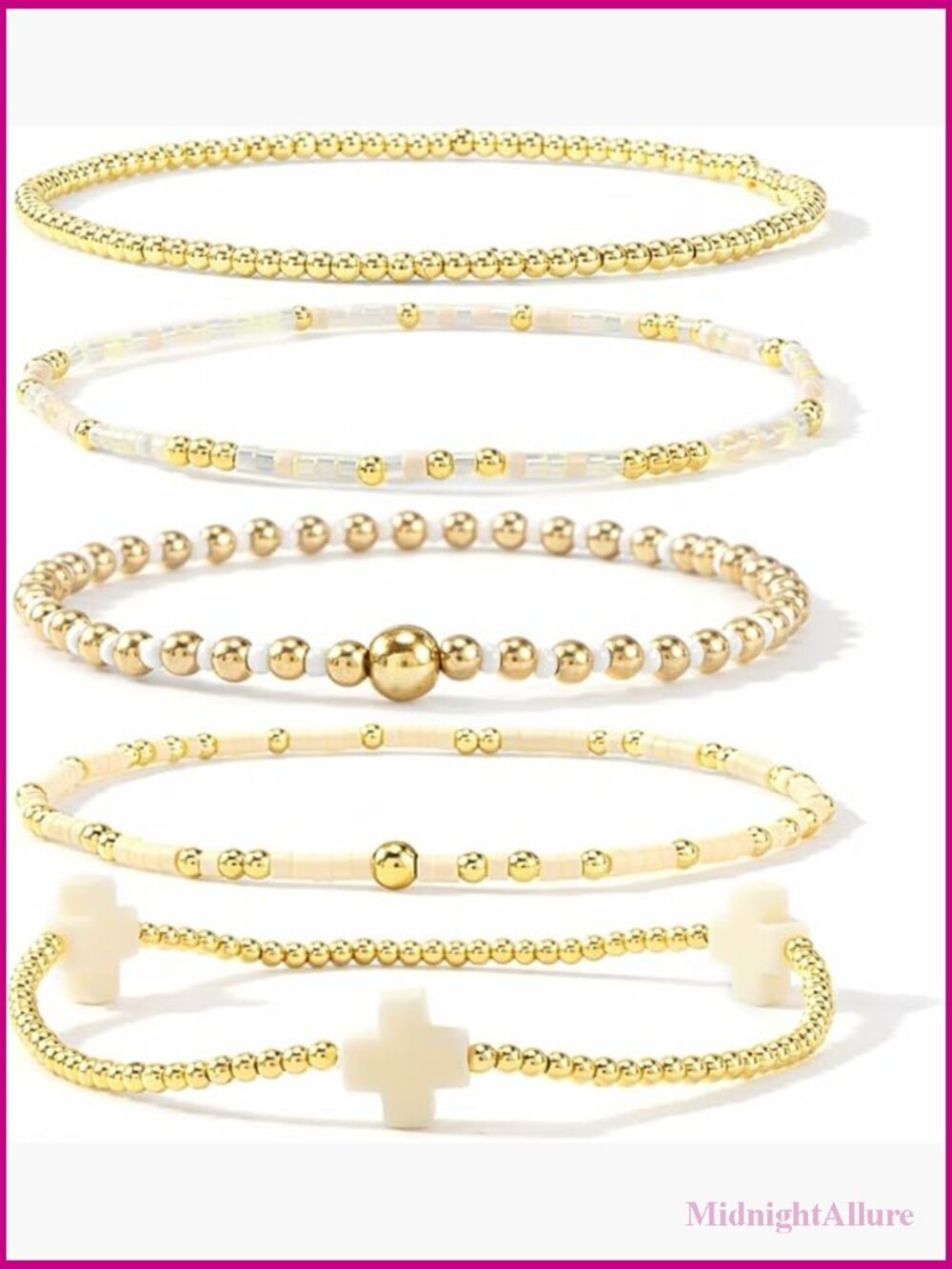 5-Piece Stretch Gold Beaded Cross Bracelet Set